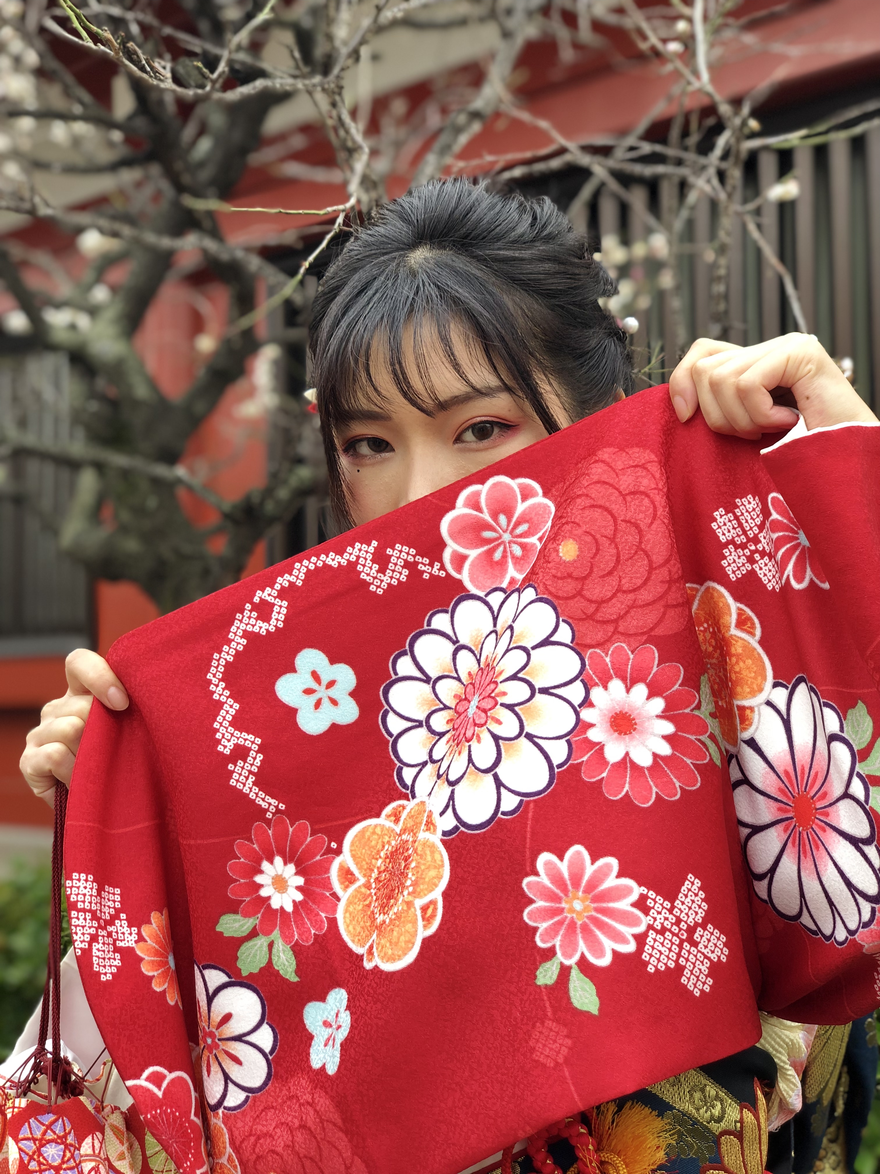  真っ赤なお着物に古典風ヘアメイクでお出掛け！